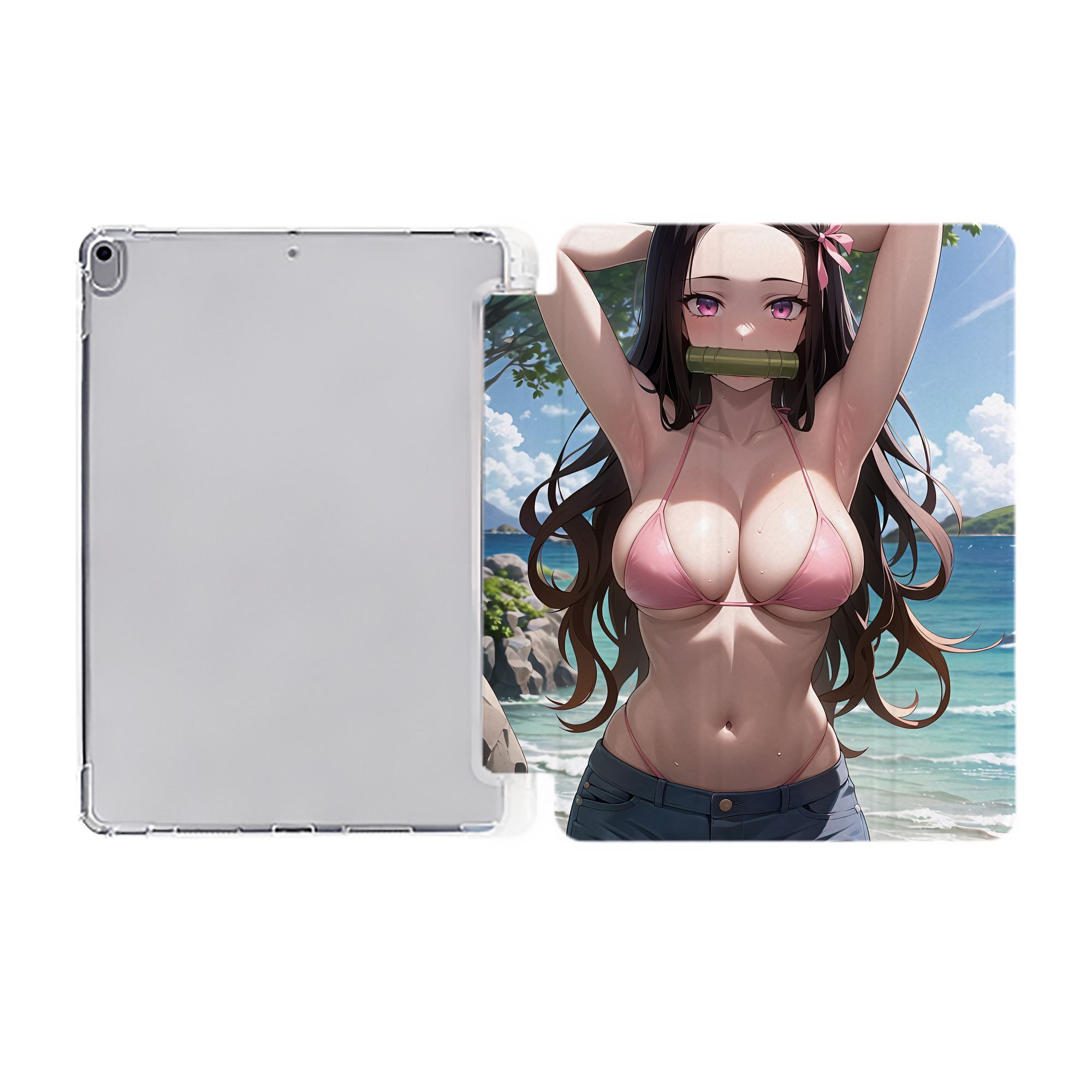 （画像用） 鬼滅の刃（きめつのやいば）竈門 禰󠄀豆子／かまど ねずこ Kamado Nezuko IPad ケース ペン収納付き 三つ折りスタンド PUレザー×シリコン 対応機種9.5/10.5/10.9インチ